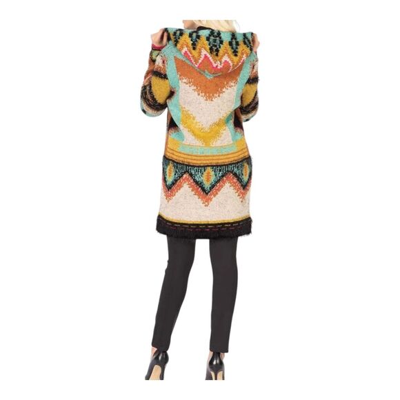 Southwestern Tribal Eyelash Sweater Hooded Cardigan Long Line MaxSport weighty L - Picture 3 of 16